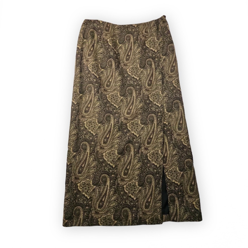 Vtg Pursuits LTD Skirt Womens 12 Brown Paisley Lined Slit Midi Wool Office Siren
